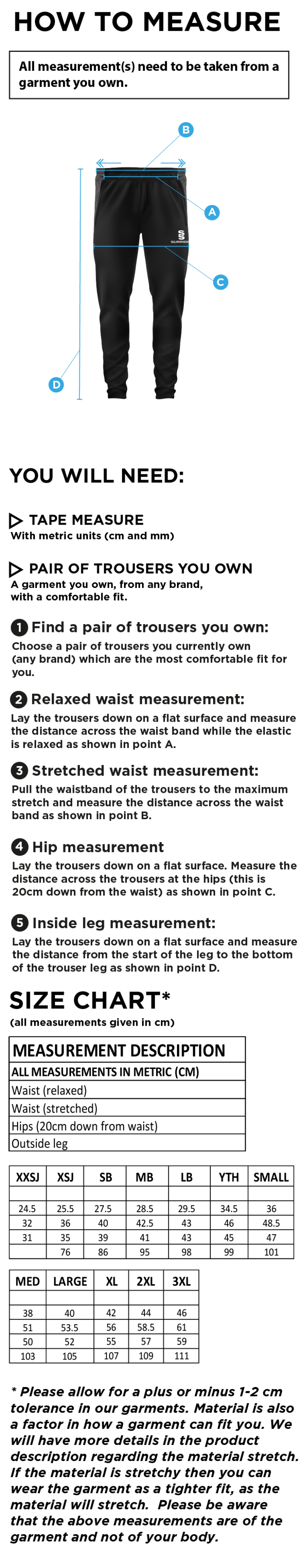 Hayes and Yeading FC Tek Pants - Size Guide