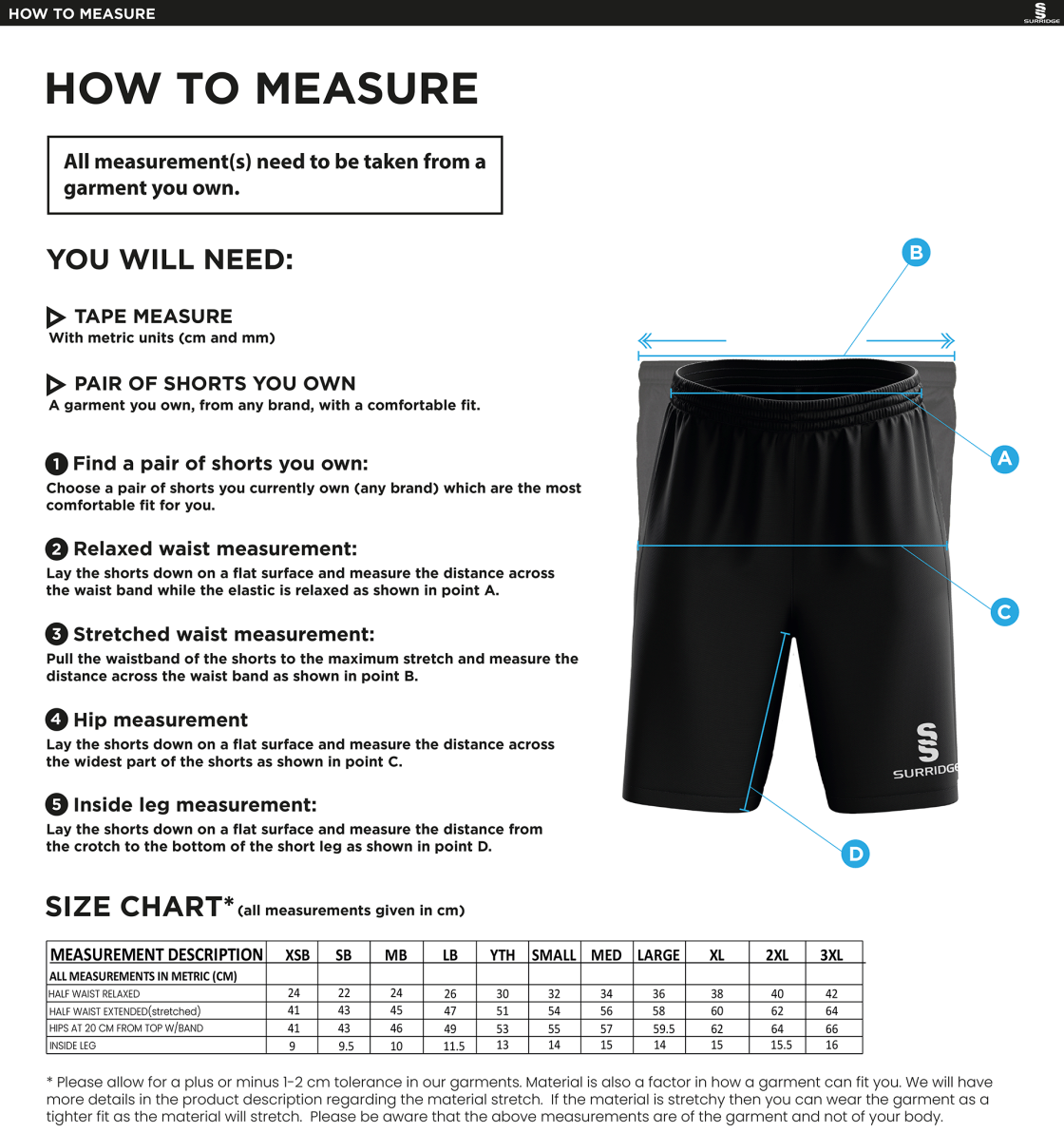 Hayes and Yeading FC Red Training Shorts - Size Guide