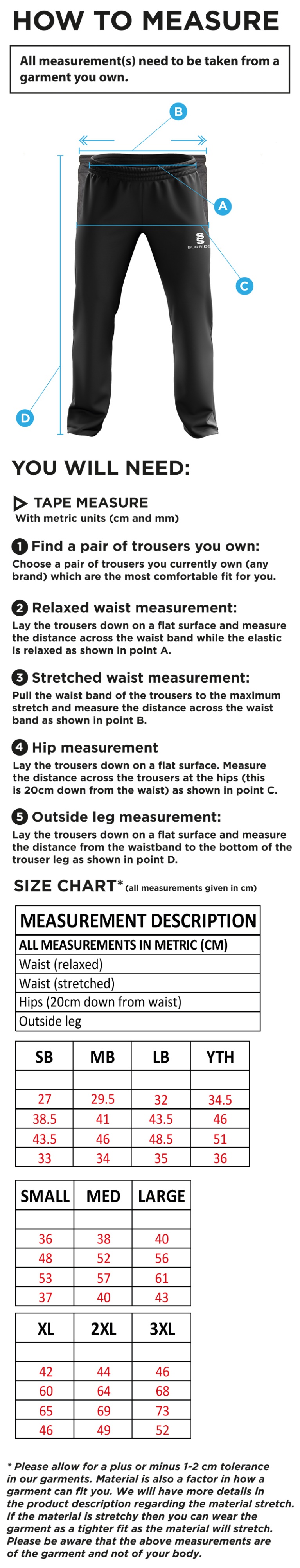Hayes and Yeading FC Youth's Rip Stop Track PantS - Size Guide
