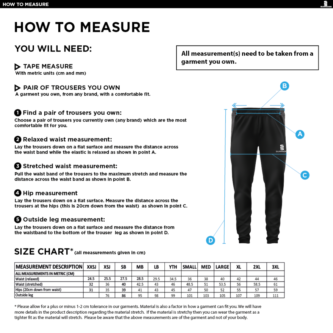 Hayes and Yeading FC Tek Pants - Size Guide