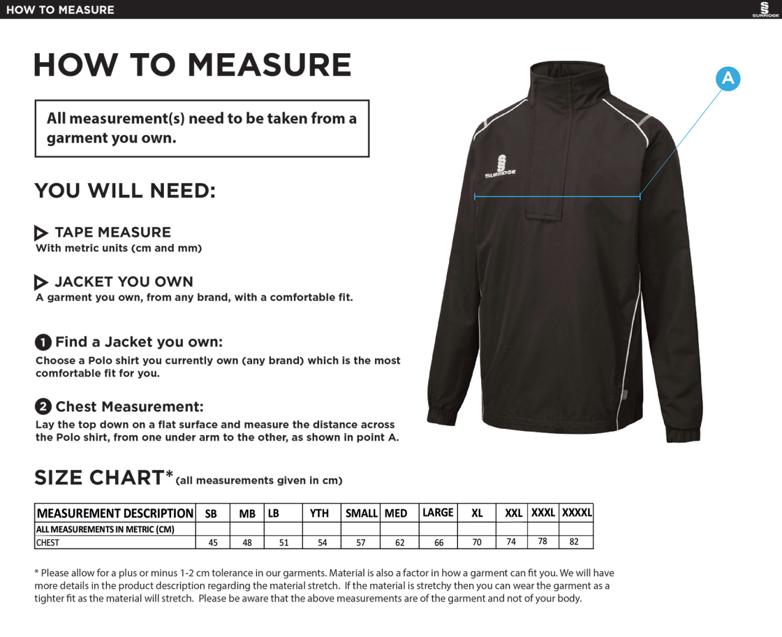 HAYES AND YEADING FC 1/4 ZIP RAIN JACKET - Size Guide