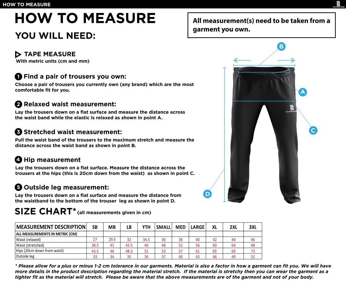 Hayes and Yeading FC Track Pants - Size Guide